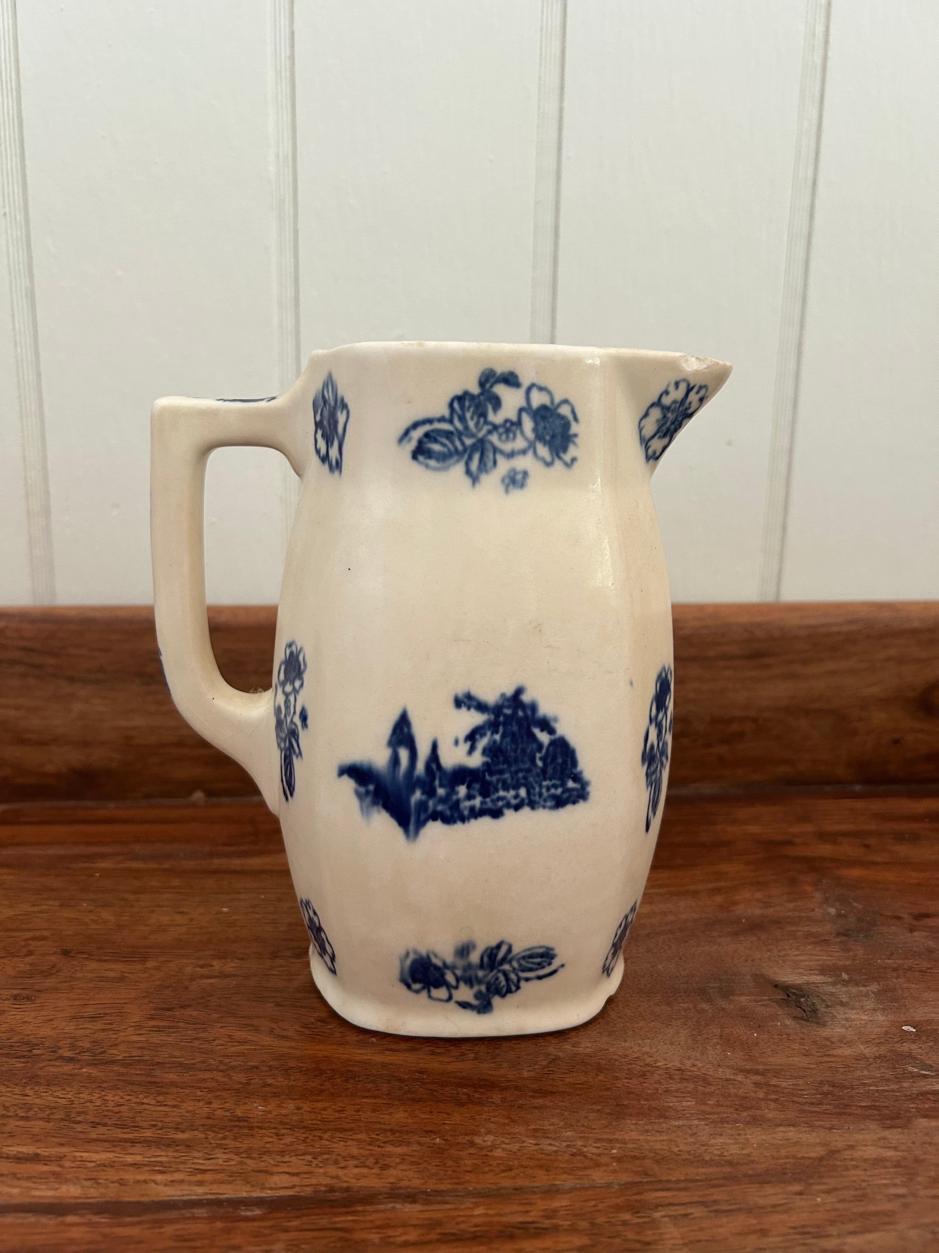 Antique ironstone blue floral pitcher