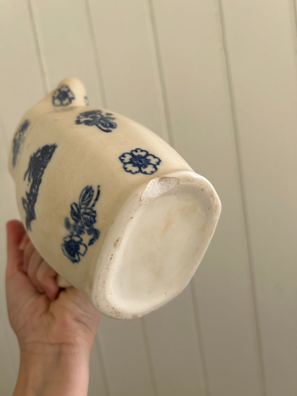 Antique ironstone blue floral pitcher