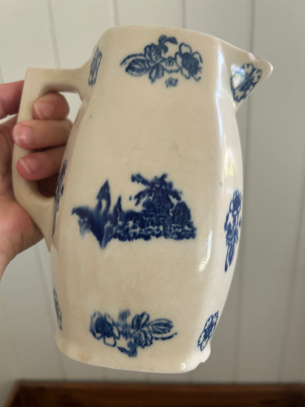 Antique ironstone blue floral pitcher