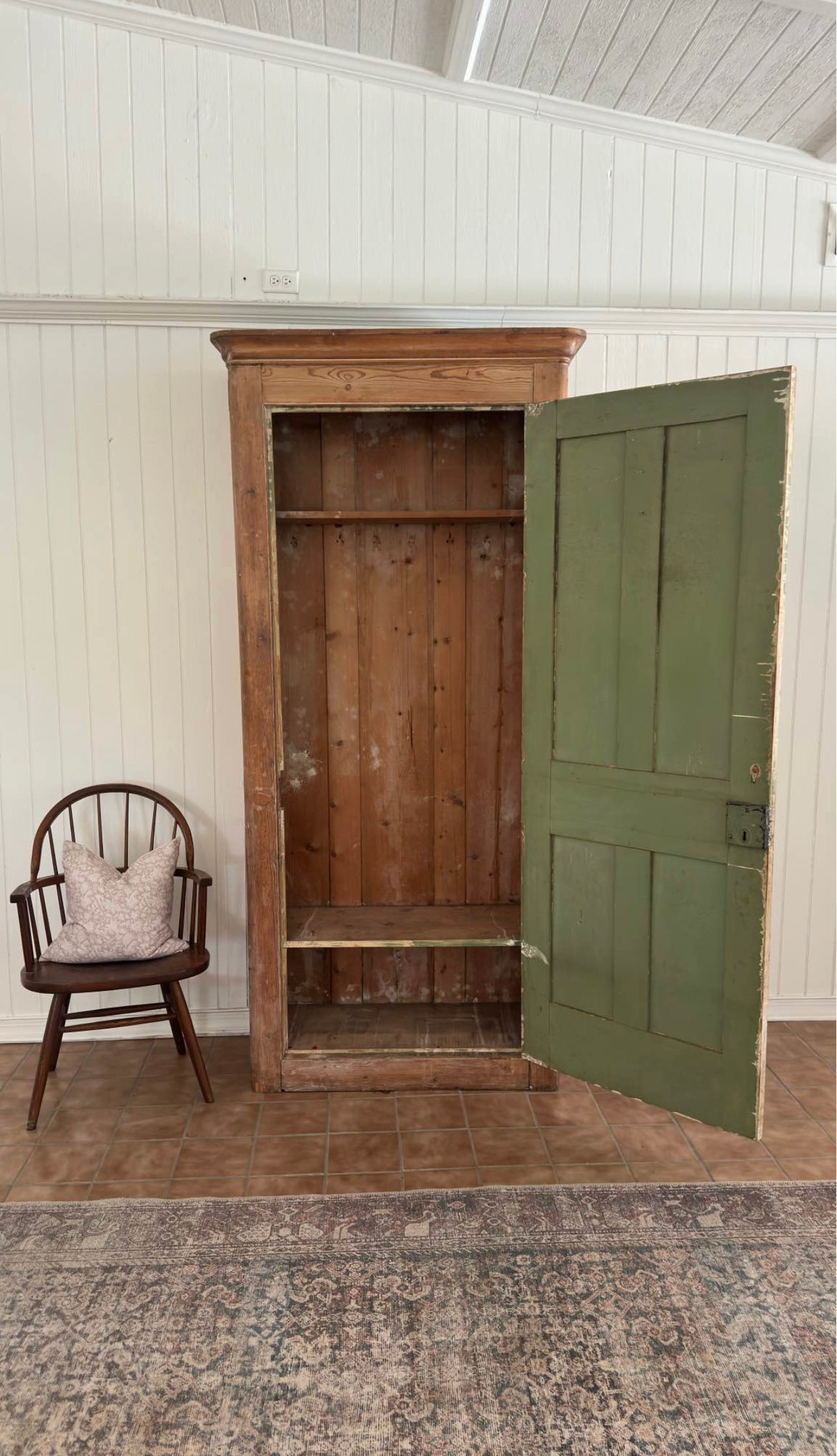 Large antique english pine linen press/armoire cabinet