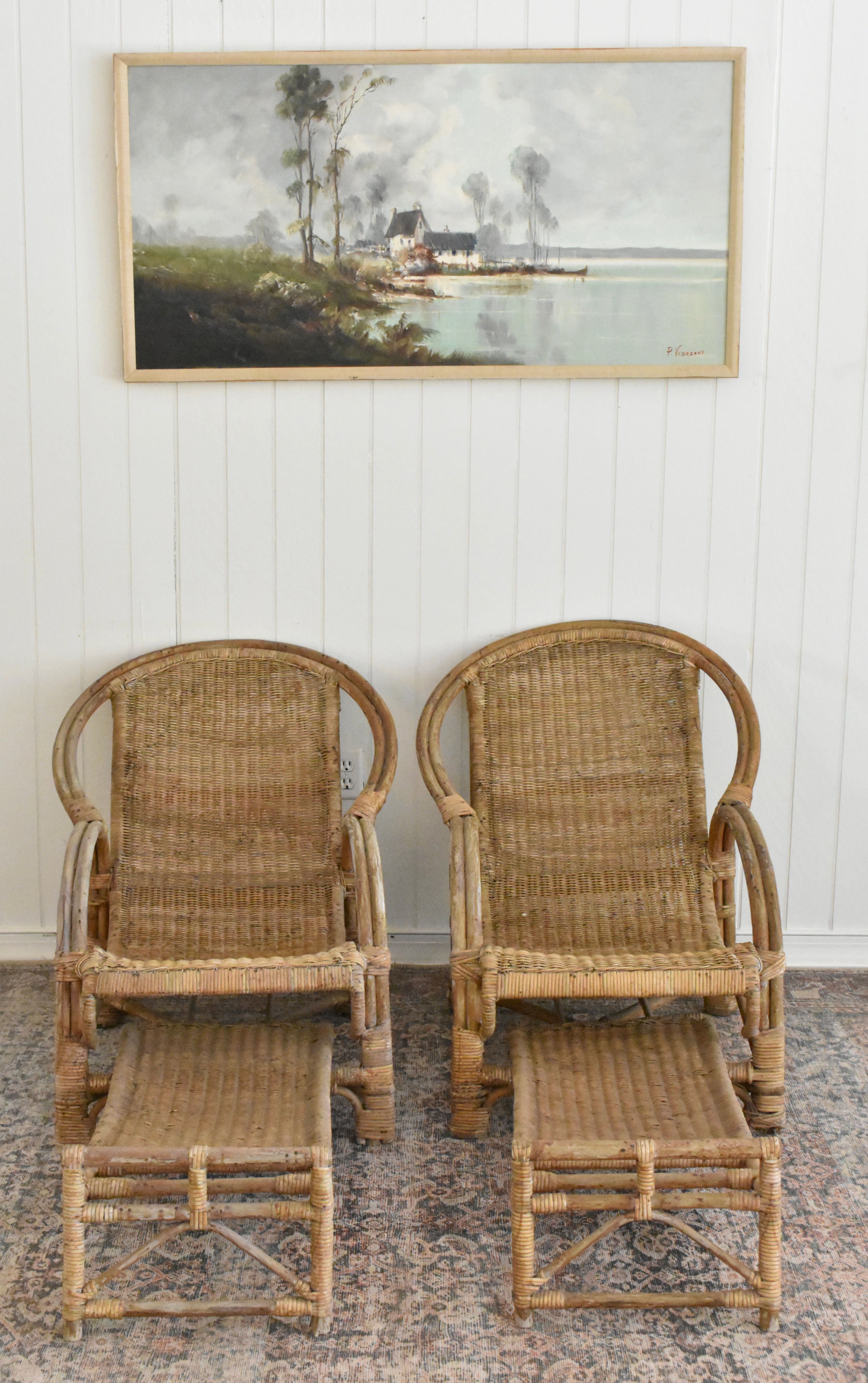 MCM rare rattan chairs with ottoman