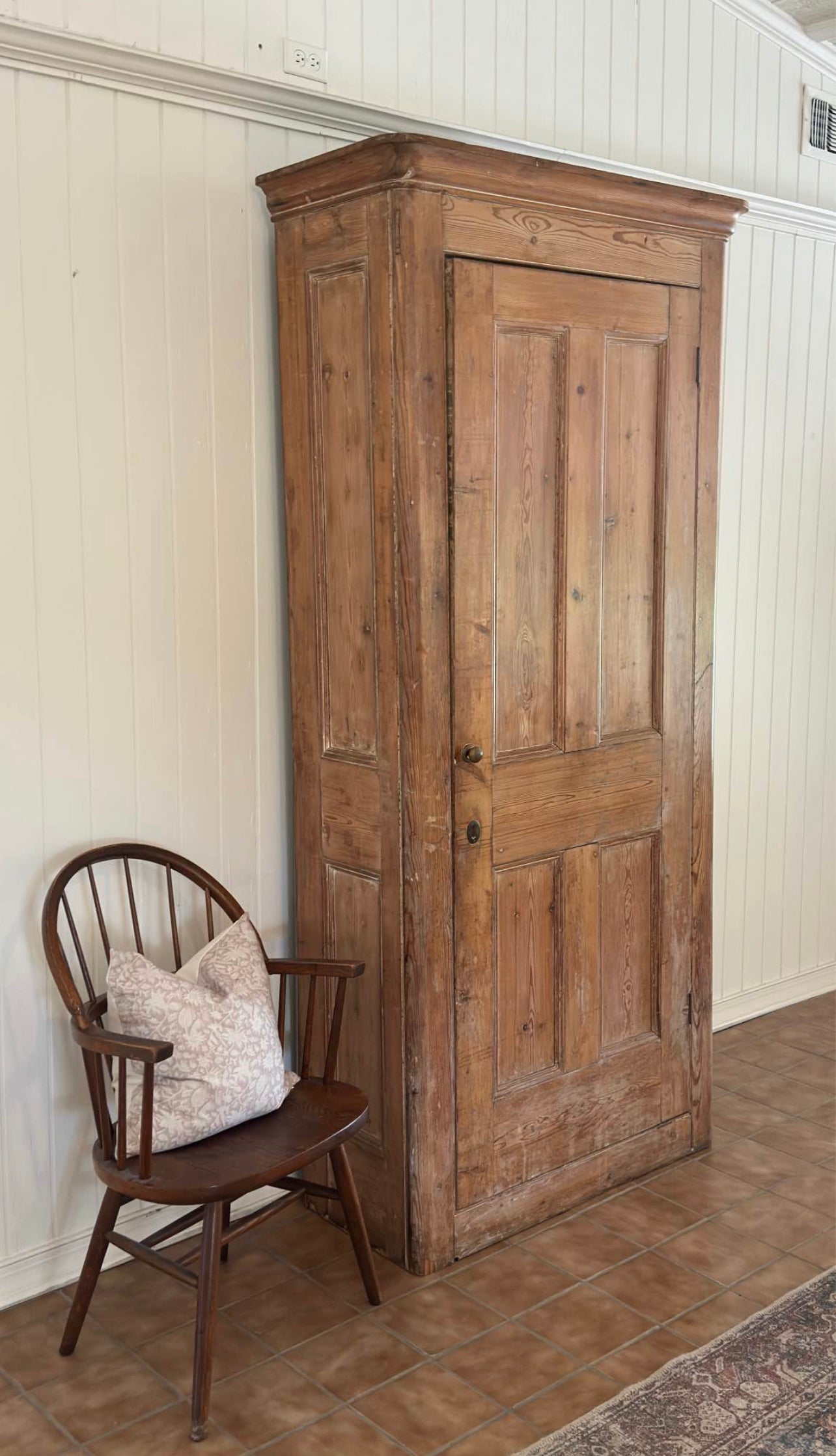 Large antique english pine linen press/armoire cabinet