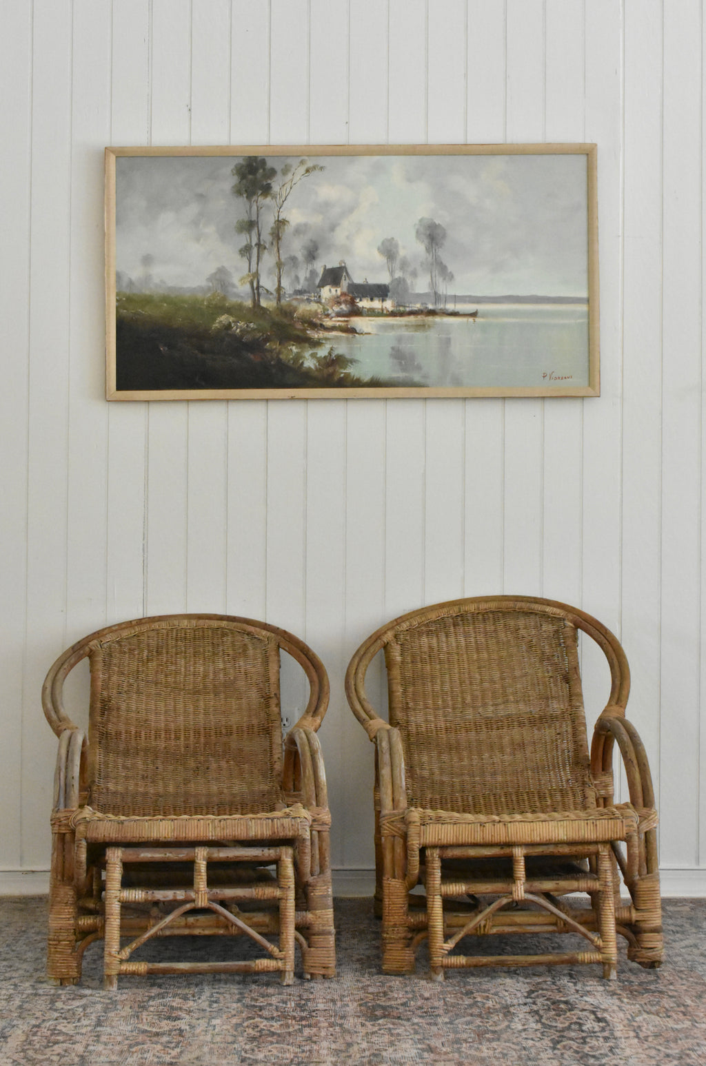 MCM rare rattan chairs with ottoman