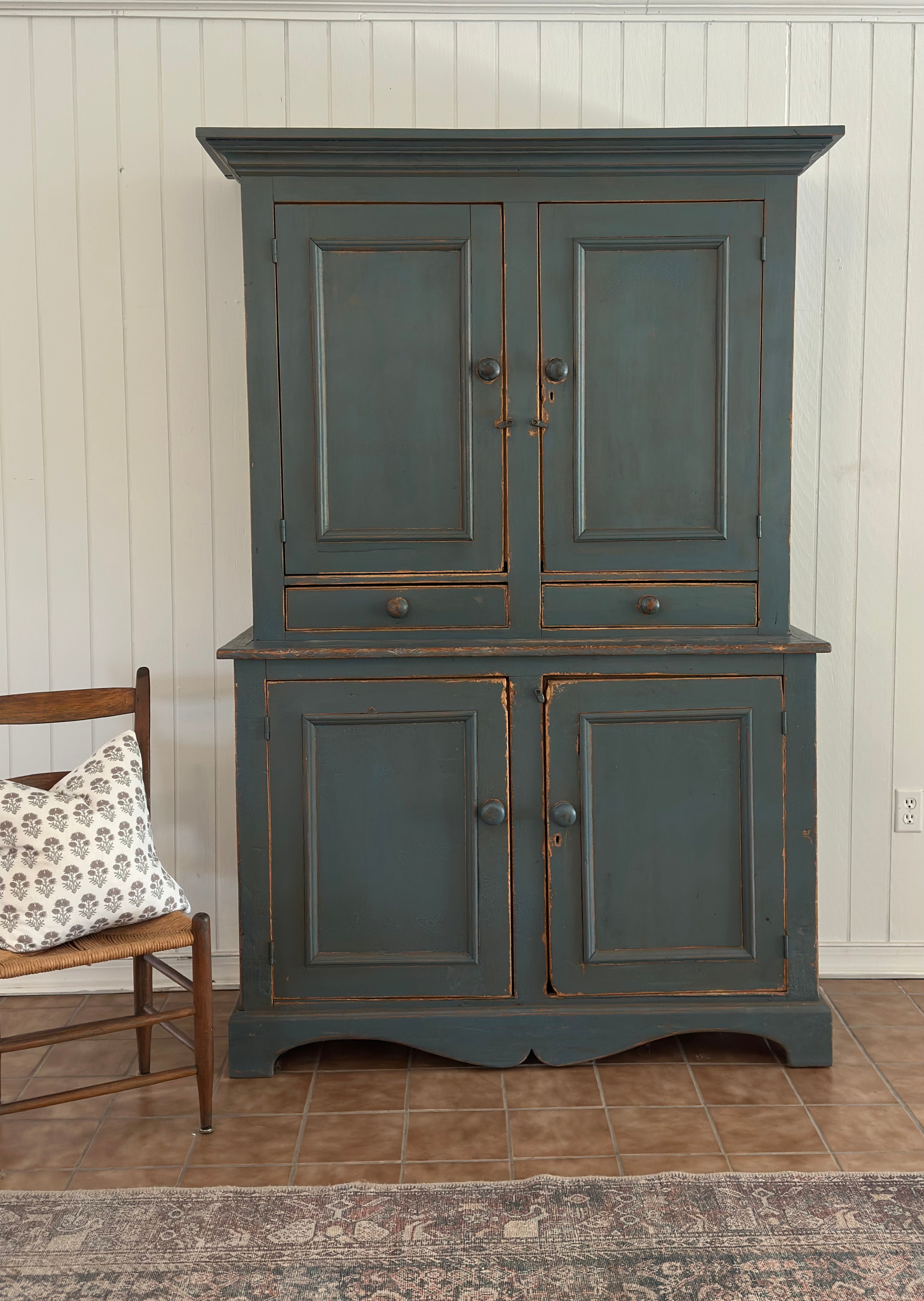 Antique English pine blue chippy cabinet