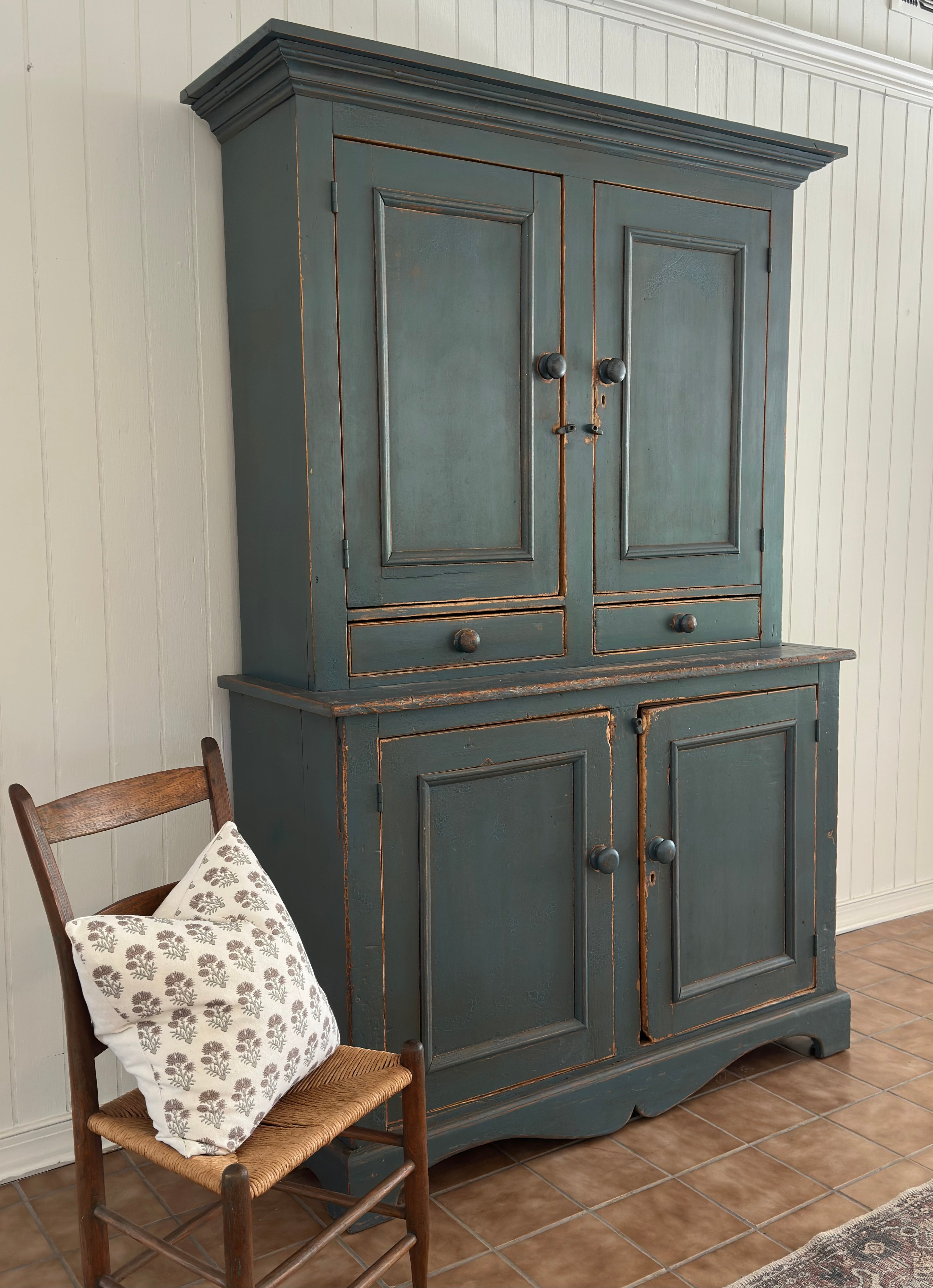 Antique English pine blue chippy cabinet
